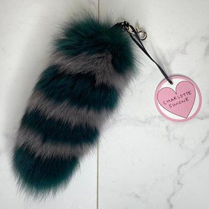Charlotte Simone Gray & Teal FOX FUR Goody Gumdrops Striped Bag Charm Keychain